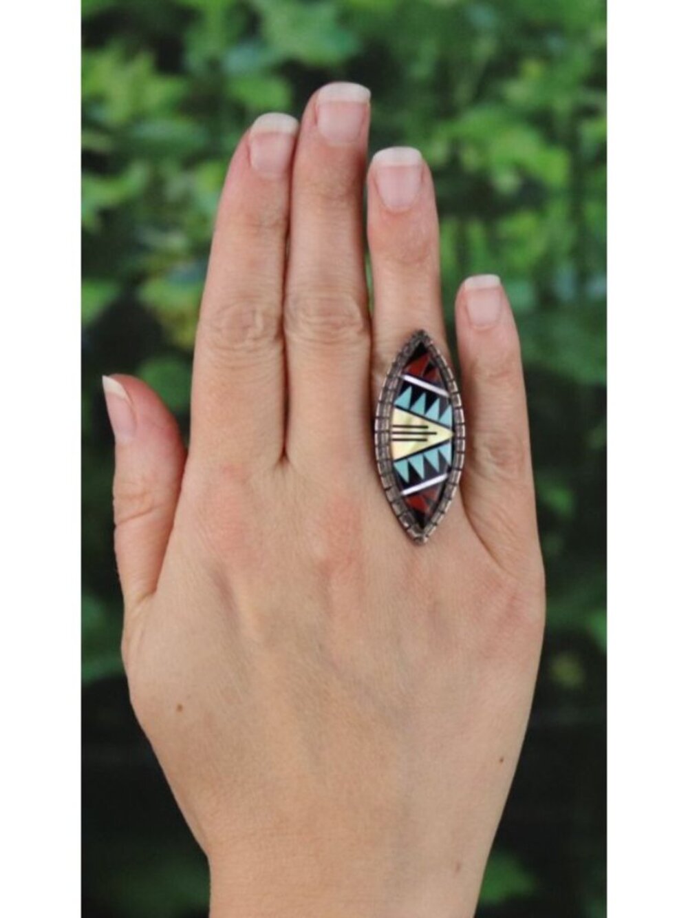 Sterling Silver D&V Eriacho Zuni Ring Turquoise Coral Onyx Mother of Pearl Sz 6 - Picture 2 of 7